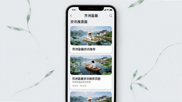芳洲盈趣资讯推荐页面效果图,手机屏幕内展示多条新闻卡片,配图精美,界面风格清新淡雅,背景为浅灰色,突出内容本身,画面整洁,符合现代审美