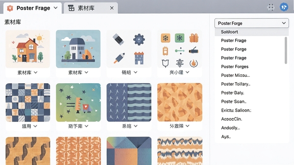 Poster Forge的素材库面板，展示矢量插画、图标、纹理等分类，右侧是字体下拉列表，界面以卡片式布局呈现，色彩柔和，软件名称Poster Forge出现在面板顶部标签页