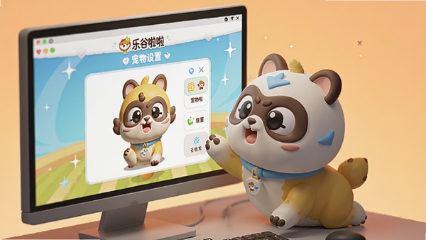 一只造型圆润可爱的Q版小宠物正趴在一个现代风格电脑屏幕的角落，屏幕中显示着乐谷啦啦的宠物设置面板，宠物表情生动，呈互动状态，桌面背景为暖色调渐变，画面清晰，光影自然，3D渲染风格，细节精致。