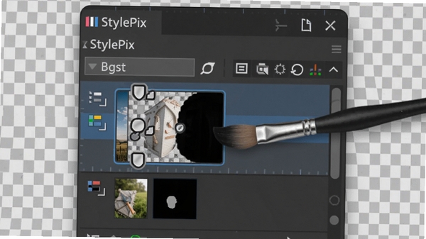 特写Hornil StylePix的图层面板，显示多个图层和蒙版缩略图，一个图层正在用画笔工具编辑蒙版，背景是半透明棋盘格，突出专业编辑的细节