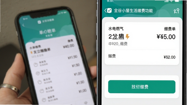 全谷小屋生活缴费功能界面截图,展示水电燃气等缴费项目列表,背景为手机支付场景,画面包含清晰的账单金额与缴费按钮,整体风格直观友好,强调支付的便捷与安全。