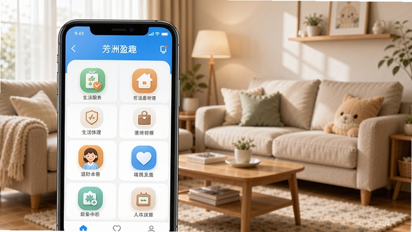 芳洲盈趣APP主界面预览图,展示其生活服务功能模块,背景为温馨的客厅场景,前景为手机屏幕特写,屏幕内清晰显示功能图标,整体风格明亮简洁,突出便捷与舒适感,适配竖屏手机壁纸