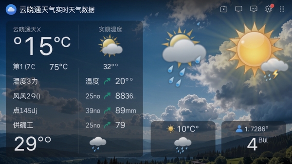 云晓通天气实时天气数据界面,显示温度、湿度、风力等详细指标,背景为动态天气景象,图片风格写实,细节丰富