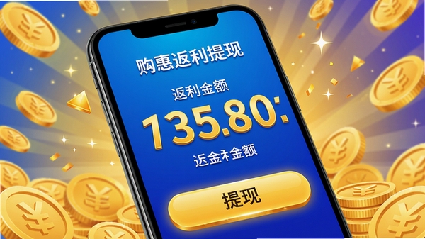 购惠返利提现界面,手机屏幕展示返利金额数字和提现按钮,背景为金色金币元素,色彩明亮,突出收益感