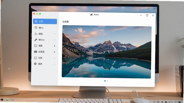 手机电脑随机墙纸主界面预览图，展示软件在电脑桌面上的运行效果，明亮简约的窗口设计，左侧分类列表，右侧壁纸大图预览，背景为一张风景壁纸，整体画面清晰美观