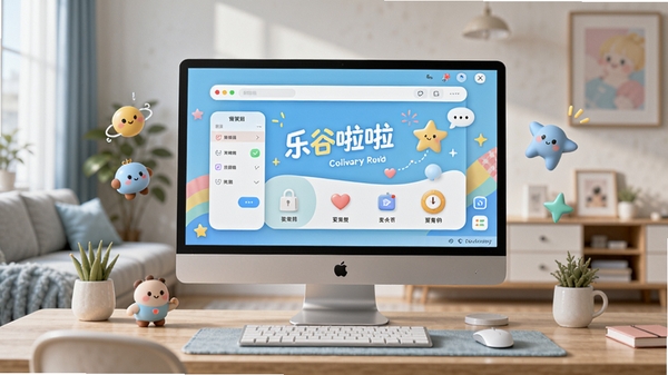 一幅明亮整洁的现代电脑桌面特写，屏幕中显示着乐谷啦啦软件的主界面，界面设计清新活泼，桌面上有一些可爱的动态小挂件和流畅的动画效果，画面比例16:9，高分辨率，光线柔和，背景是简约的客厅环境，细节丰富，风格写实。