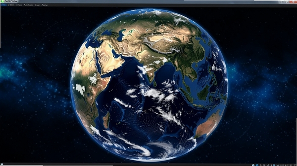 EarthView软件主界面预览图，展示一个高分辨率的三维地球模型占据画面中央，背景为深邃的星空，地球表面细节清晰可见，包含大陆板块、海洋纹理与动态云层，画面整体呈现深蓝色调，科技感与真实感并存，桌面壁纸场景，16:9宽屏构图
