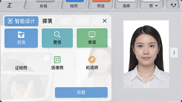 智能证件照相机主界面截图，展示整洁的工具布局与功能分区，背景为浅灰色工作台，右侧显示证件照预览效果，整体画面明亮清晰