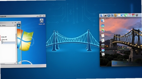 Adobe AIR 跨平台运行示意图，画面左侧显示Windows系统界面，右侧显示macOS系统界面，中间以桥梁连接，象征软件在不同系统间无缝运行，背景为渐变蓝色，突出技术感