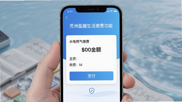 芳洲盈趣生活缴费功能界面截图,手机屏幕内显示水电燃气缴费页面,包含缴费金额、支付按钮,背景为简约的蓝色渐变,突出安全、便捷的视觉感受,画面清晰,细节丰富