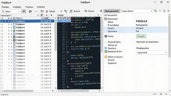 Fiddler4主界面截图,展示左侧会话列表和右侧详情面板,界面清晰专业,背景为深色代码风格
