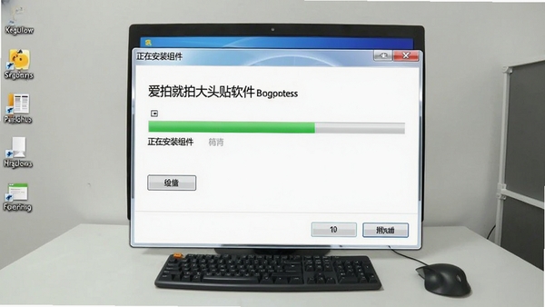 爱拍就拍大头贴软件安装过程截图,显示安装向导的进度条和“正在安装组件”的文字提示,背景是简约的电脑桌面环境,窗口界面清晰可见
