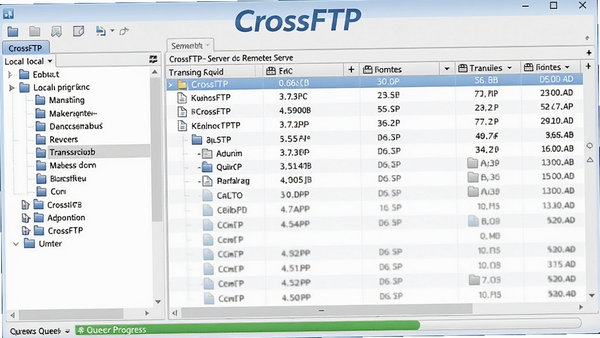 CrossFTP 主界面截图，左侧为本地目录树，右侧为远程服务器文件列表，底部显示传输队列进度条，整体界面清晰简洁，双栏布局，蓝白配色，突出软件名称CrossFTP标识