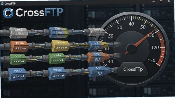 CrossFTP 传输加速界面，画面显示多线段并行下载示意图，模拟多个数据包同时通过管道传输，背景为速度仪表盘，强调多线程加速概念，配以CrossFTP字样
