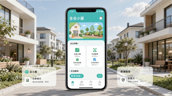全谷小屋app主界面预览图,展示其整合的生活服务功能模块,背景为现代简约风格的城市社区,色彩明亮清新,UI设计注重功能分区与易用性,整体画面干净通透,突出应用的便捷与全面。