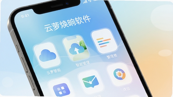 云萝焕晌软件主界面展示,手机屏幕中呈现整洁的功能图标排列,背景为柔和渐变色,突出智能生活管理核心场景,整体风格明亮清新,适合应用商店宣传图