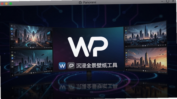WPanorama全景壁纸工具的主界面预览图，画面中央展示软件Logo与多屏拼接的炫酷壁纸效果，背景为深色科技感渐变，整体风格现代简洁，突出软件沉浸式视觉体验的核心功能