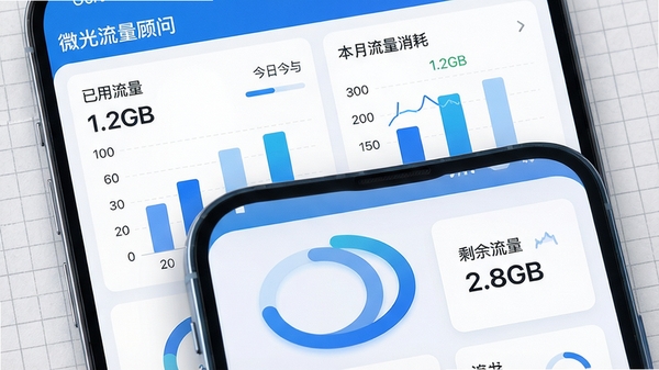 微光流量顾问实时监控看板界面特写，展示今日与本月流量消耗对比柱状图，背景为浅灰色网格纸纹理，前景为手机界面放大图，界面中环形图与数据卡片布局规整，左侧标注