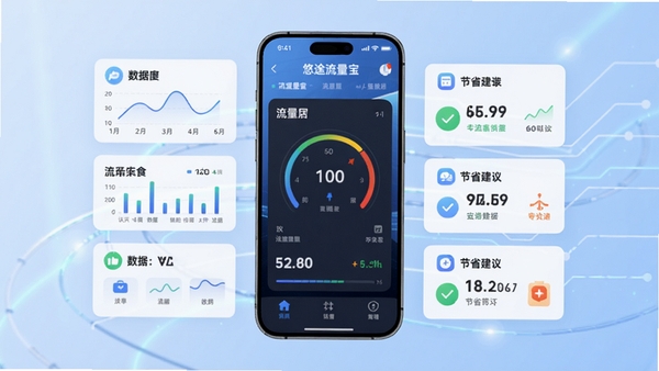 悠途流量宝主界面展示，手机屏幕中央显示流量监控仪表盘，周围环绕数据图表和节省建议卡片，背景为淡蓝色科技感渐变，整体风格简洁现代，高清渲染，纵向构图，居中显示，UI设计直观友好，符合移动端应用商店宣传图风格