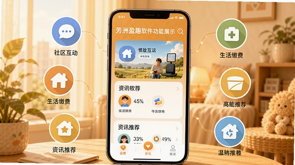 芳洲盈趣软件功能展示图,包含社区互动、生活缴费、资讯推荐等模块,以手机界面为视觉中心,周围环绕功能图标,背景采用暖色调,营造温馨便捷的氛围,画面细节丰富,适合作为软件介绍配图