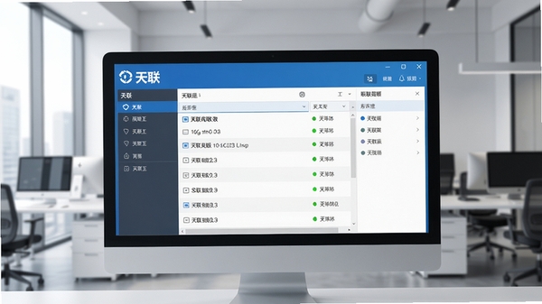 天联高级版客户端主界面截图，展示简洁的服务器连接列表与连接状态指示，背景为现代办公环境，画面主体为电脑屏幕中的软件界面，清晰显示“天联”品牌标识，整体色调以蓝白为主，风格写实清晰