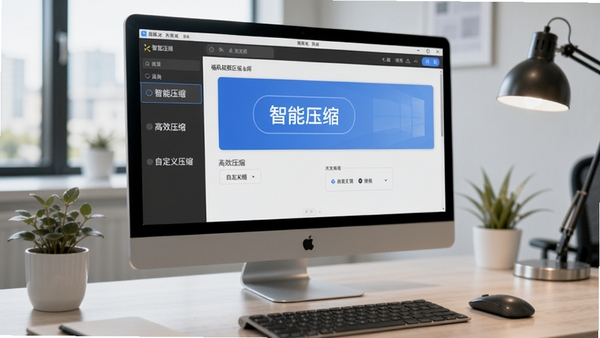福昕视频压缩大师压缩模式选择界面特写，展示智能压缩、高效压缩、自定义压缩等选项，背景为现代办公桌场景，电脑屏幕显示软件操作面板，突出“智能压缩”功能