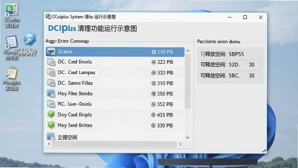 DCplusplus系统清理功能运行示意图，显示扫描出的垃圾文件列表与可释放空间数据，背景为浅色调的桌面环境，强调软件清理能力的直观展示
