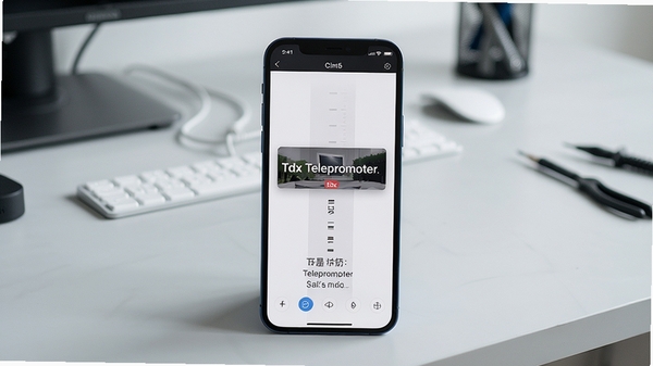 产品功能总览图,画面中央展示Tdx Teleprompter在手机上的运行界面,背景为简洁的浅灰色工作台,突出提词器的清晰字幕与流畅滚动效果,整体风格干净明亮