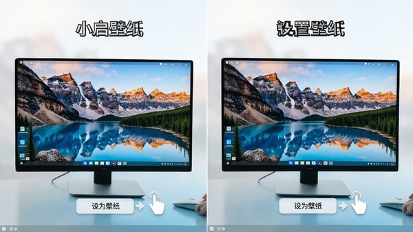 小启壁纸的一键设置壁纸操作演示，鼠标点击“设为壁纸”按钮，桌面背景瞬间更换为高清风景图，前后对比效果明显，画面干净明亮，突出便捷性。