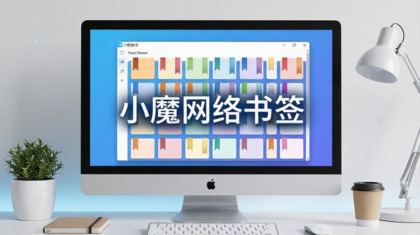 一幅现代风格的电脑桌面场景，屏幕上清晰显示着小魔网络书签的软件界面，界面中分类整齐的彩色书签卡片排列有序，背景为简约的渐变蓝色，营造出高效、清爽的办公氛围，画面中心突出软件名称“小魔网络书签”字样