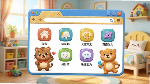 淘米儿童浏览器主界面预览图，卡通风格的浏览器窗口，包含彩色图标和可爱的动物角色，背景是明亮的儿童房间，整体氛围轻松活泼，适合儿童使用，高清渲染