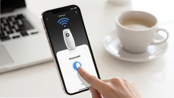 我的香薰WiFi远程控制示意图,手机界面显示设备已连接,手指点击开关按钮,背景为办公桌和咖啡杯,画面简洁明亮,突出智能操控感