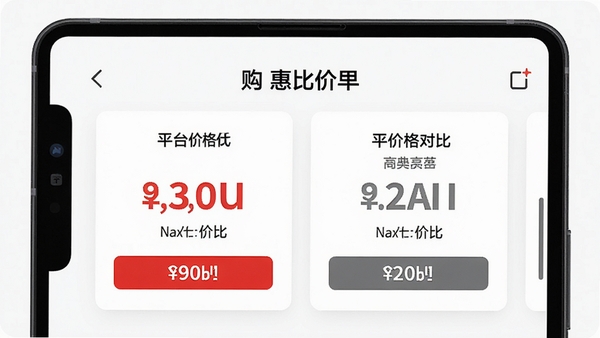 购惠比价结果界面,屏幕并列显示两个平台的价格对比卡片,左侧价格低标红,右侧价格高标灰,背景为白色简约风,突出数字对比