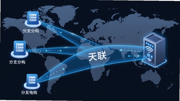 天联高级版客户端组网示意图，画面左侧为三个不同地理位置的分支机构图标，通过一条发光的虚拟隧道连接到右侧中心的数据中心，隧道上标注“天联”字样，背景为世界地图，整体风格简洁明亮，突出网络互联概念