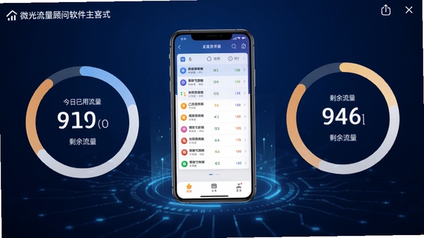 微光流量顾问软件主界面，展示今日已用流量与剩余流量的环形统计图，背景为深蓝色科技感渐变，中央手机屏幕模型悬浮，屏幕内显示详细的流量使用排行列表，整体风格简洁明亮，数字清晰醒目，科技感与实用性融合，应用商店截图风格