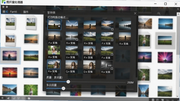 图片批量处理器格式转换功能操作截图,显示多种图片格式选项与质量滑块调节界面,软件名称在窗口标题栏可见,背景为色彩丰富的图片文件列表