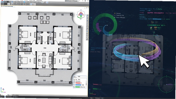 浩辰CAD 2024性能展示图，画面左侧为大型建筑平面图，右侧显示流畅的实时缩放操作，光标处带有流畅轨迹，背景为性能监测数据流，体现软件在处理大文件时的流畅度与稳定性