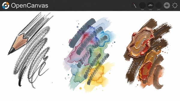 OpenCanvas笔触效果特写，画布上展示铅笔、水彩、油画三种笔刷的对比笔迹，线条粗细变化明显，色彩晕染自然，背景为纯白色画布，细节清晰可见，Boogu模型生成的软件功能展示图