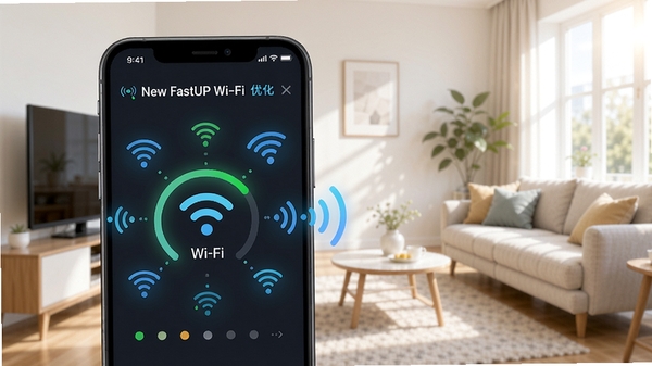 New FastUP Wi-Fi优化功能预览图，手机界面显示Wi-Fi信号强度分析，周围有多个无线信号波点，背景为明亮的家居环境，画面清晰，突出无线网络优化功能