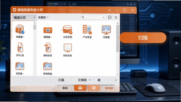 傲桔数据恢复大师主界面预览图，展示清晰的磁盘分区选择列表和醒目的扫描按钮，背景为深蓝色科技感办公桌面，整体界面设计简洁现代，图标色调以橙色和白色为主，体现专业数据恢复工具的定位