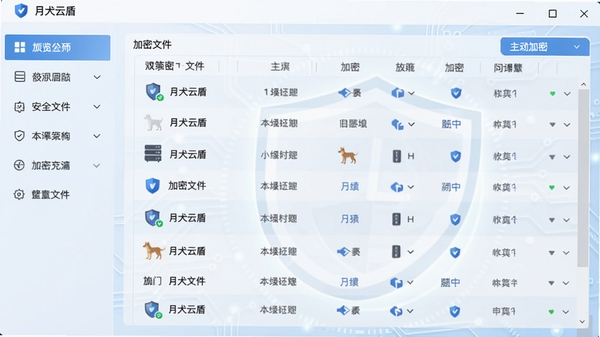 月犬云盾主界面预览图，展示软件整体布局，左侧功能导航栏，右侧加密文件列表，背景为淡蓝色科技风格，界面清晰简洁，突出安全防护主题