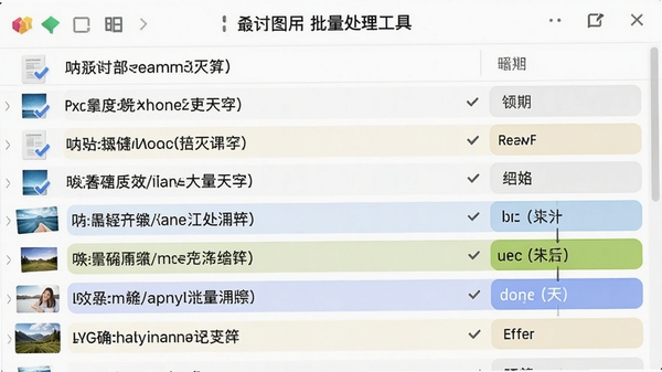一张展示迷你图片批量处理工具批量重命名功能的截图，界面显示多张图片文件列表，文件名按照规则自动修改，高亮显示修改后的文件名变化，背景为纯白色，强调功能的高效与准确，整体画面干净明亮