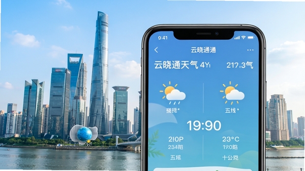 云晓通天气应用主界面展示,背景为现代城市天际线,前景手机屏幕清晰显示天气信息,风格清新自然,色彩明亮,突出天气预报功能
