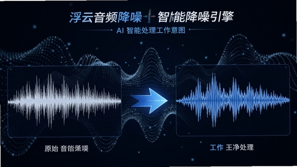 浮云音频降噪智能降噪引擎工作示意图,画面左侧为包含噪声的原始波形,右侧为经过处理后的干净波形,中间用箭头连接,背景为声波粒子特效,凸显AI智能处理过程,配色以蓝色和白色为主,科技感强
