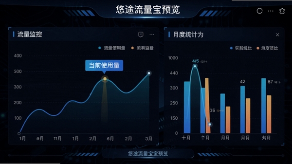 悠途流量宝预览图，显示流量监控曲线图和月度统计柱状对比，背景为深色科技感界面，数据图表清晰，高亮显示当前使用量，整体画面专业且具有科技氛围，居中构图，细节丰富