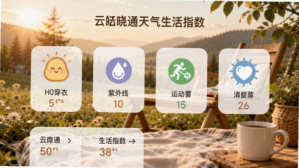 云晓通天气生活指数界面,显示穿衣、紫外线、运动等指数图标,背景为自然生活场景,风格温馨实用