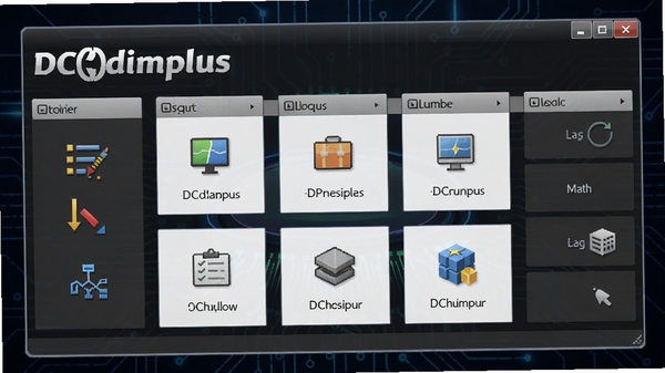 DCplusplus软件主界面预览图，展示其简洁的布局和功能分区，背景为深色科技感风格，突出软件名称和主要功能图标