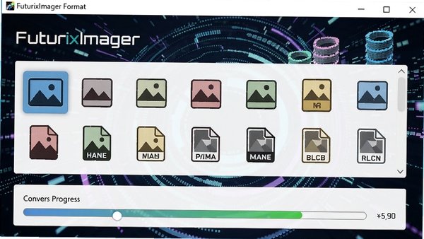 FuturixImager格式转换功能界面，显示多种图片格式图标，转换进度条，背景有抽象数字图像元素