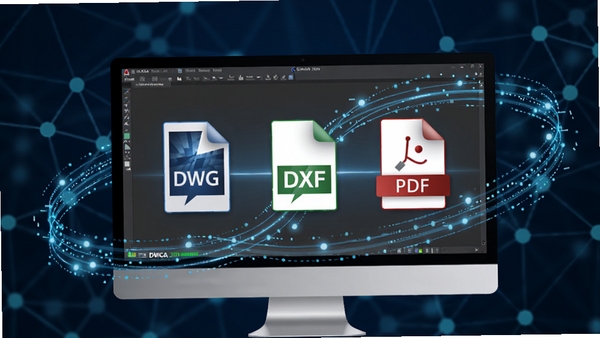 浩辰CAD 2024文件兼容性展示，电脑屏幕中显示DWG、DXF、PDF三种文件格式图标，周围环绕流畅的蓝色数据连接线，背景为抽象的数字网络节点，体现高效互通