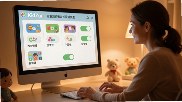KidZui儿童浏览器家长控制面板设置界面,屏幕上半部分显示着各类内容分类的开关选项,背景有个家长正在电脑前进行设置,画面色调温暖,突出安全管理和个性化配置功能,高清截图风格